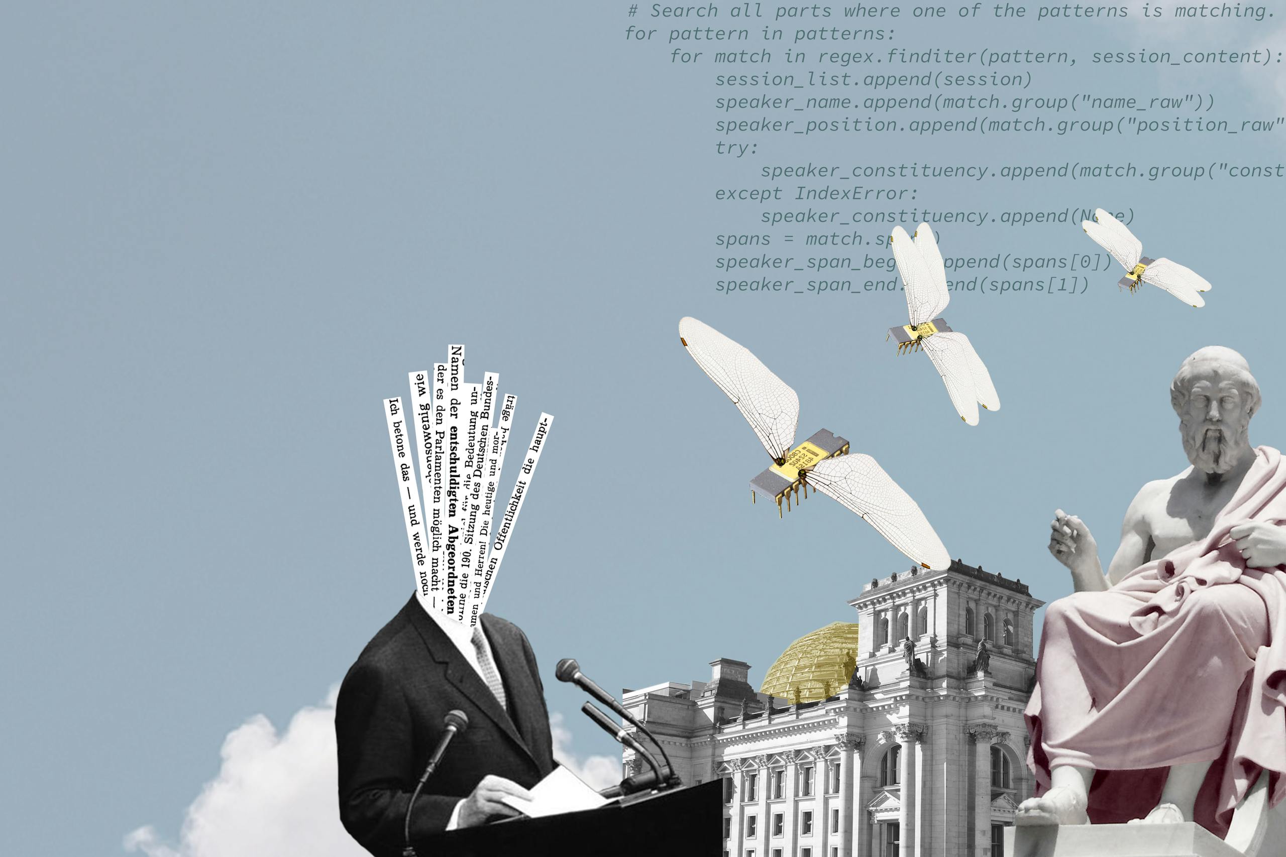 Fotokollage mit Programmiercode, Bundestag, Antiken Statuen und einer Person, die eine Rede hält